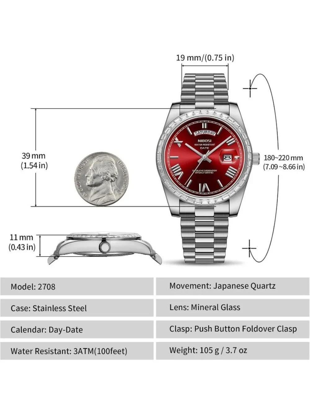 Nibosi Men's Silver Red Analog Quartz Diamond Bezel Stainless Waterproof Watch